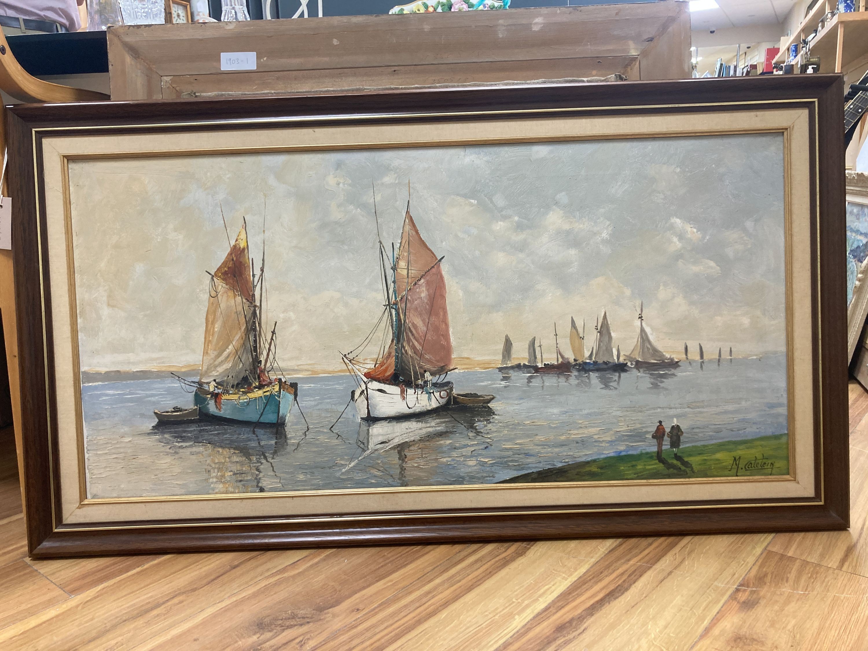 Marcel Catelein (French, 1907-), oil on canvas, fishing boats along the coast, signed, 47 x 99 cm.